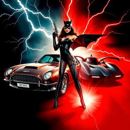 A captivating movie poster featuring the iconic Aston Martin DB5 from 007 and the Batmobile from 1989, prominently displaying Catwoman (Bond girl) in an alluring pose