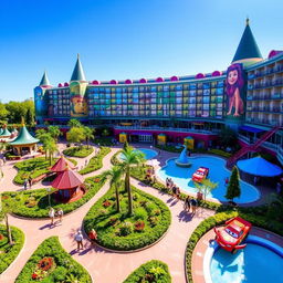 A colorful and whimsical view of the Art of Animation hotel at Walt Disney World, showcasing the playful architecture and vibrant themes inspired by animated films