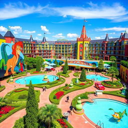 A colorful and whimsical view of the Art of Animation hotel at Walt Disney World, showcasing the playful architecture and vibrant themes inspired by animated films