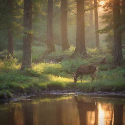 Generate an image of a quiet, peaceful forest, bathed in the soft glow of a setting sun, as a tranquil deer grazes near a bubbling brook.