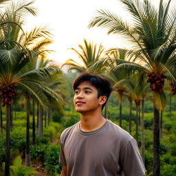 A handsome young Indonesian man standing in a lush valley filled with tall palm trees adorned with dates, in the early morning light