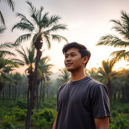 A handsome young Indonesian man standing in a lush valley filled with tall palm trees adorned with dates, in the early morning light