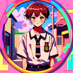 Anime schoolboy with chestnut hair and bright eyes in Japanese uniform, encased in neon circular border against a lo-fi pastel background.