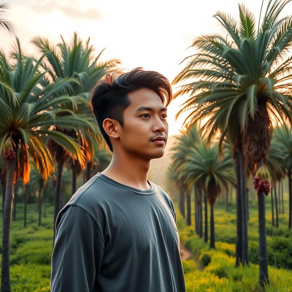 A handsome young Indonesian man standing in a lush valley filled with tall palm trees adorned with dates, in the early morning light