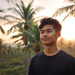 A handsome young Indonesian man standing in a lush valley filled with tall palm trees adorned with dates, in the early morning light