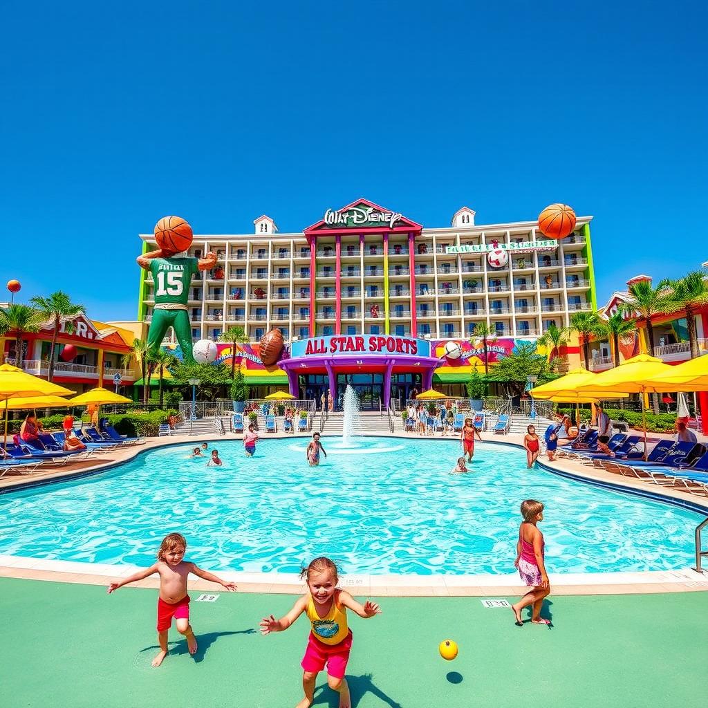 A lively and energetic depiction of the All-Star Sports hotel at Walt Disney World, highlighting the vibrant sports-themed architecture and colorful decorations