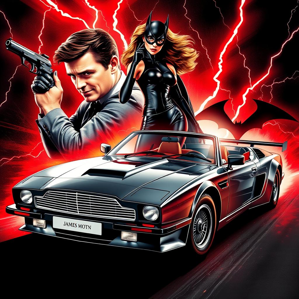 A thrilling movie poster featuring the James Bond Aston Martin DB5 alongside the iconic 1989 Batmobile