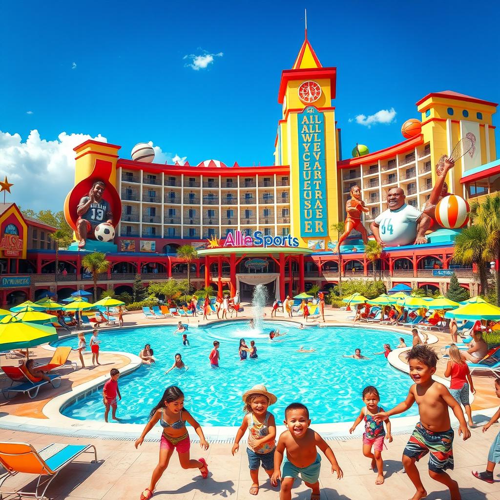 A lively and energetic depiction of the All-Star Sports hotel at Walt Disney World, highlighting the vibrant sports-themed architecture and colorful decorations