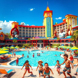 A lively and energetic depiction of the All-Star Sports hotel at Walt Disney World, highlighting the vibrant sports-themed architecture and colorful decorations