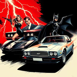 A thrilling movie poster featuring the James Bond Aston Martin DB5 alongside the iconic 1989 Batmobile