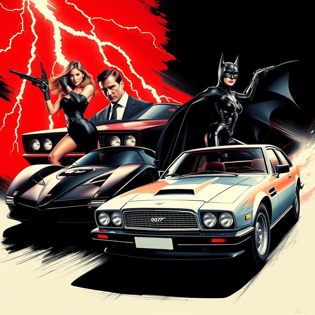 A thrilling movie poster featuring the James Bond Aston Martin DB5 alongside the iconic 1989 Batmobile