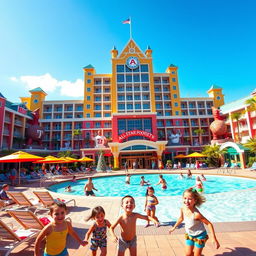 A lively and energetic depiction of the All-Star Sports hotel at Walt Disney World, highlighting the vibrant sports-themed architecture and colorful decorations