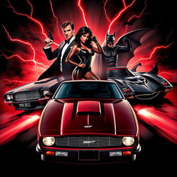 A thrilling movie poster featuring the James Bond Aston Martin DB5 alongside the iconic 1989 Batmobile