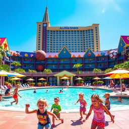 A lively and energetic depiction of the All-Star Sports hotel at Walt Disney World, highlighting the vibrant sports-themed architecture and colorful decorations