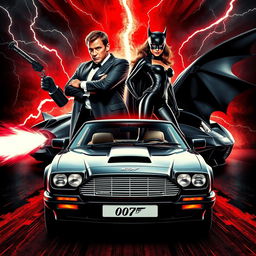 A thrilling movie poster featuring the James Bond Aston Martin DB5 alongside the iconic 1989 Batmobile