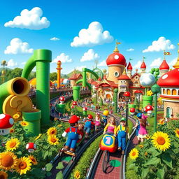 A vibrant and colorful theme park inspired by the Mario Bros universe, featuring iconic elements such as large green pipes, question mark blocks, and bright red mushrooms