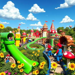 A vibrant and colorful theme park inspired by the Mario Bros universe, featuring iconic elements such as large green pipes, question mark blocks, and bright red mushrooms