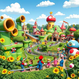 A vibrant and colorful theme park inspired by the Mario Bros universe, featuring iconic elements such as large green pipes, question mark blocks, and bright red mushrooms