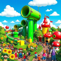 A vibrant and colorful theme park inspired by the Mario Bros universe, featuring iconic elements such as large green pipes, question mark blocks, and bright red mushrooms