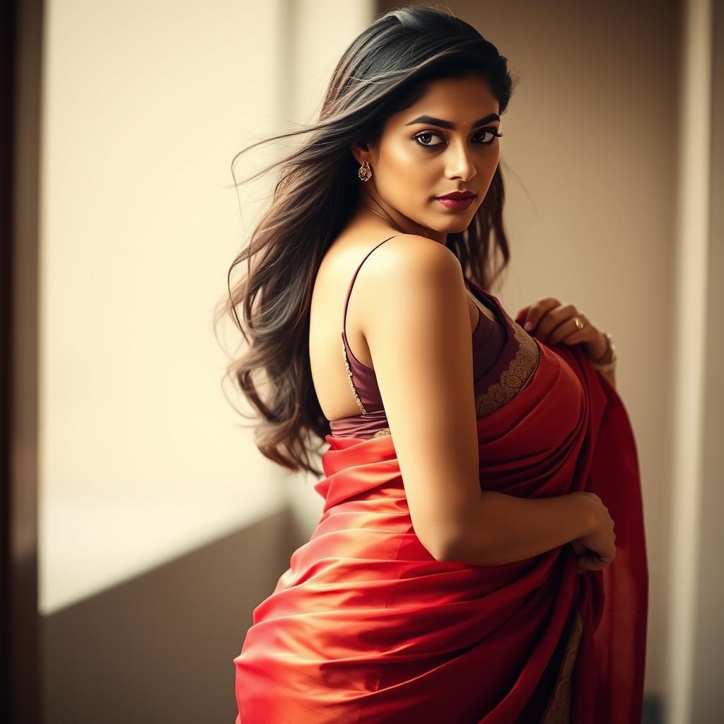 A captivating woman in a beautifully draped saree, showcasing her figure from a fully side profile