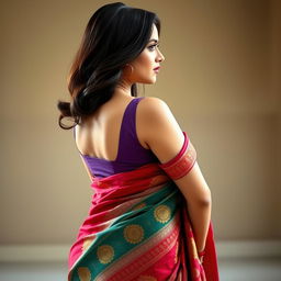 A captivating woman in a beautifully draped saree, showcasing her figure from a fully side profile