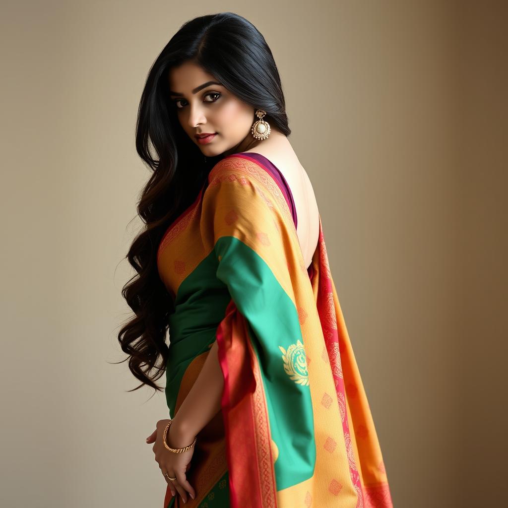 A captivating woman in a beautifully draped saree, showcasing her figure from a fully side profile