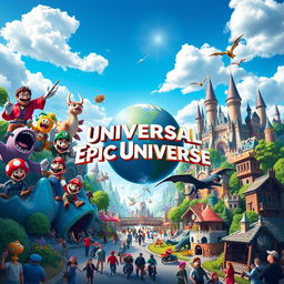 A vibrant and detailed poster of the upcoming Universal Epic Universe theme park