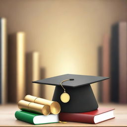 Visualize an emblem of academic excellence: A high school diploma, graduation cap & gold medals against a background of stacked books and a microscope.