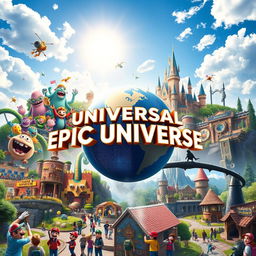 A vibrant and detailed poster of the upcoming Universal Epic Universe theme park