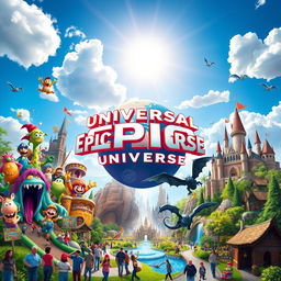 A vibrant and detailed poster of the upcoming Universal Epic Universe theme park