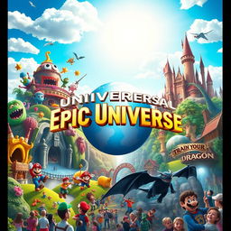 A vibrant and detailed poster of the upcoming Universal Epic Universe theme park