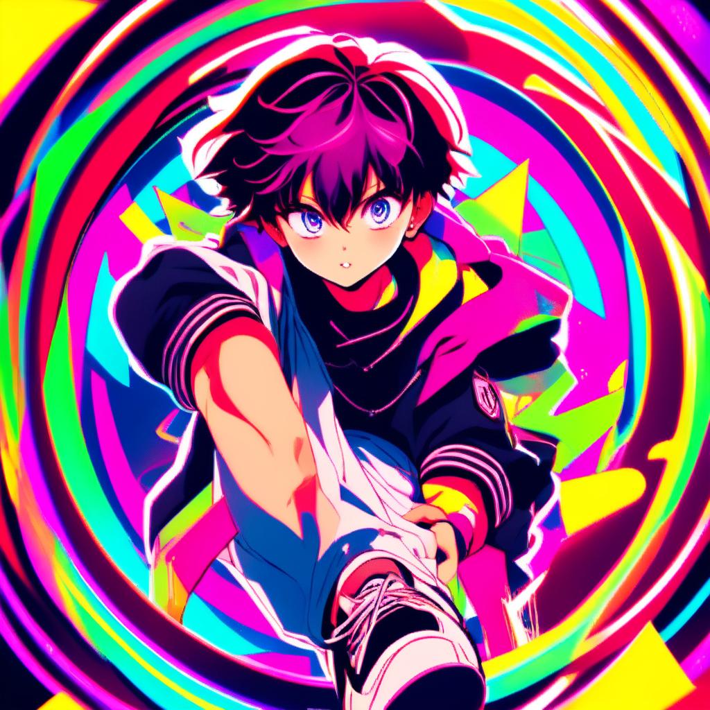 Anime schoolboy with vibrant hair and eyes in action pose, encased in a neon circular border against a dynamic, neon-infused background.