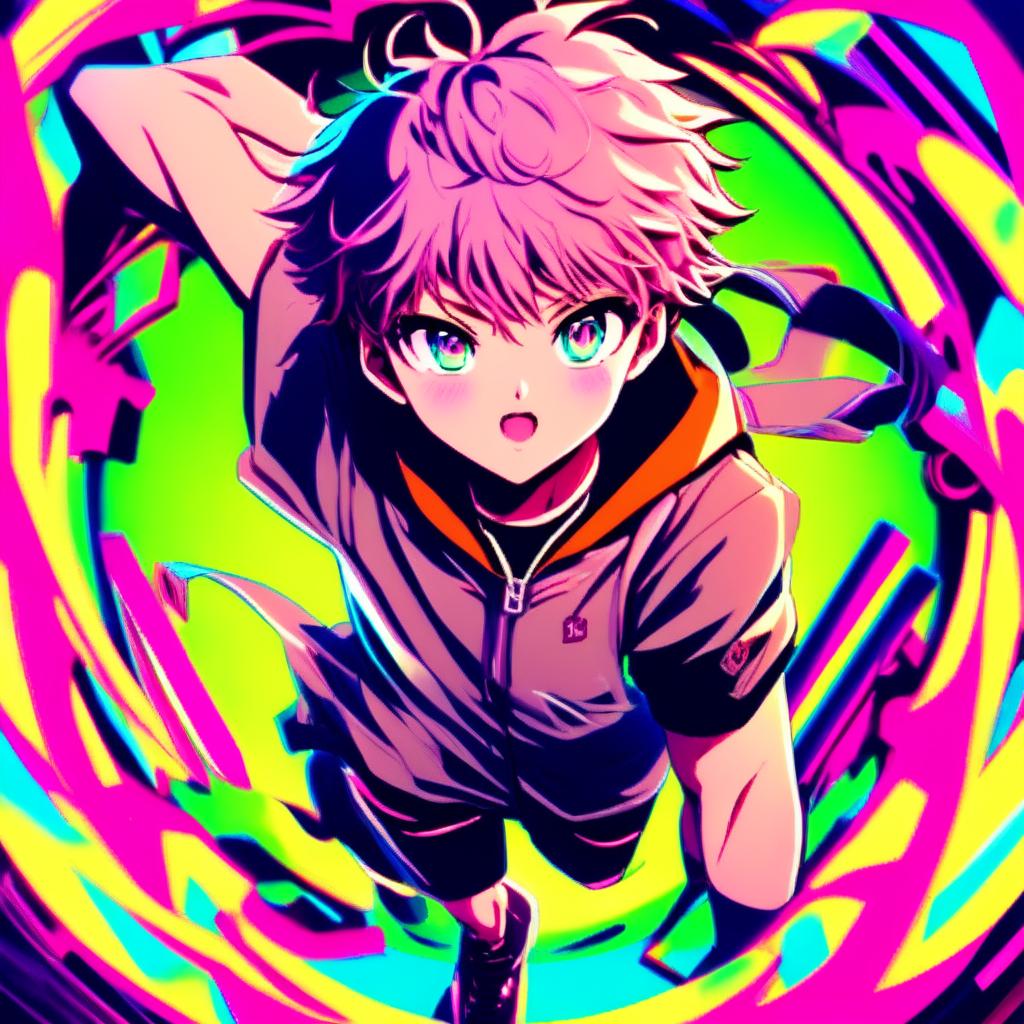 Anime schoolboy with vibrant hair and eyes in action pose, encased in a neon circular border against a dynamic, neon-infused background.