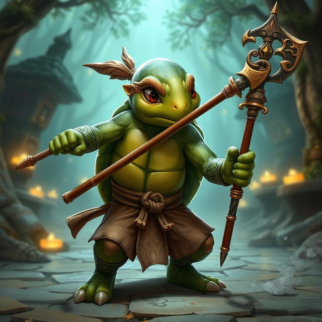 A young adult turtle race character in a fantasy setting, depicted in a dynamic battle stance