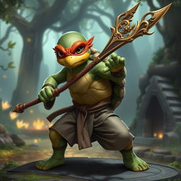 A young adult turtle race character in a fantasy setting, depicted in a dynamic battle stance