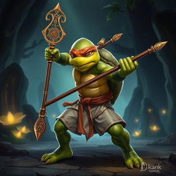 A young adult turtle race character in a fantasy setting, depicted in a dynamic battle stance