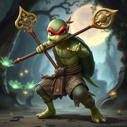 A young adult turtle race character in a fantasy setting, depicted in a dynamic battle stance