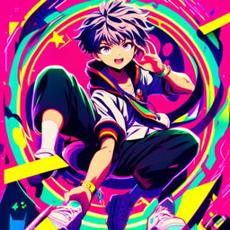 Anime schoolboy with vibrant hair and eyes in action pose, encased in a neon circular border against a dynamic, neon-infused background.