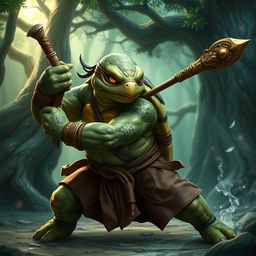 An adult turtle race character in a vivid fantasy setting, striking a powerful battle stance