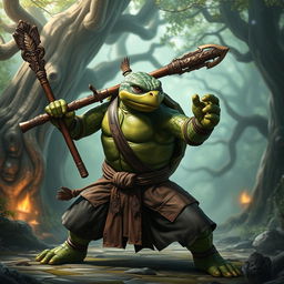 An adult turtle race character in a vivid fantasy setting, striking a powerful battle stance