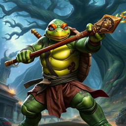 An adult turtle race character in a vivid fantasy setting, striking a powerful battle stance