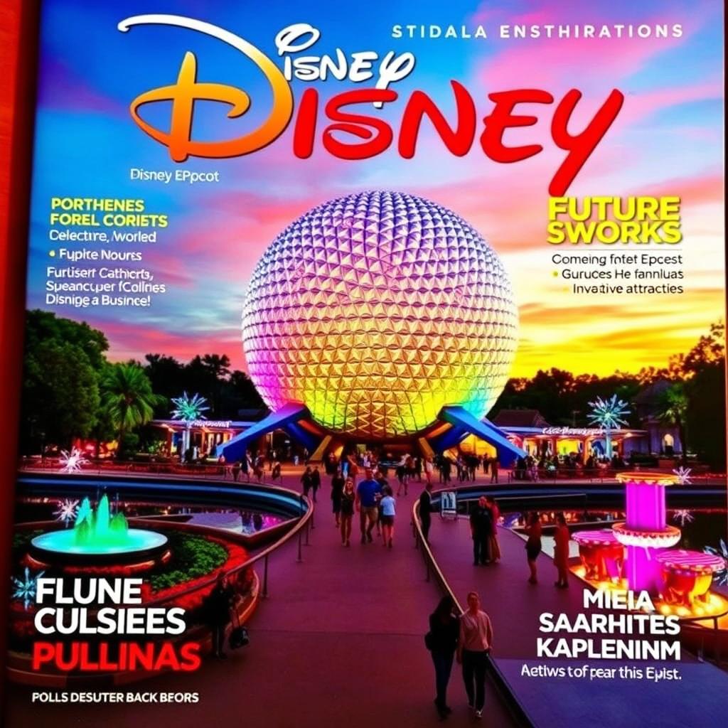 A captivating magazine cover featuring Disney Epcot, showcasing its iconic Spaceship Earth geodesic sphere at sunset