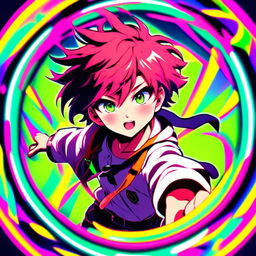 Anime schoolboy with vibrant hair and eyes in action pose, encased in a neon circular border against a dynamic, neon-infused background.