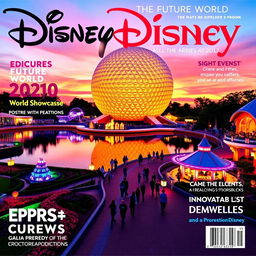 A captivating magazine cover featuring Disney Epcot, showcasing its iconic Spaceship Earth geodesic sphere at sunset