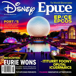 A captivating magazine cover featuring Disney Epcot, showcasing its iconic Spaceship Earth geodesic sphere at sunset