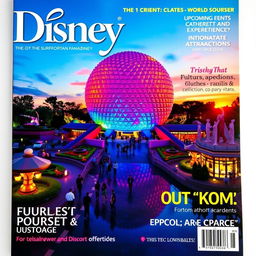 A captivating magazine cover featuring Disney Epcot, showcasing its iconic Spaceship Earth geodesic sphere at sunset