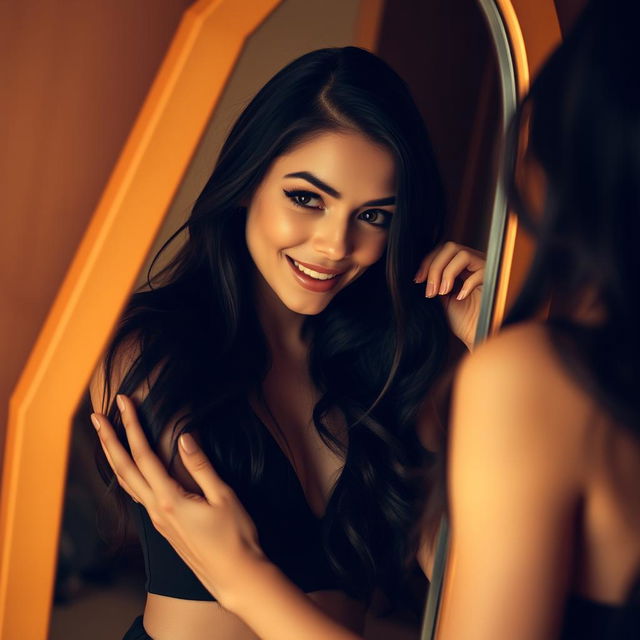 A sensual scene featuring a confident young woman with long dark hair, dressed in a stylish outfit, playfully interacting with her own reflection in a mirror