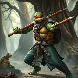 An adult turtle race character portrayed in an action-packed battle stance, ready for combat