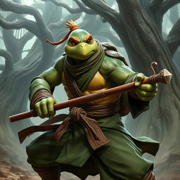 An adult turtle race character portrayed in an action-packed battle stance, ready for combat