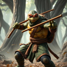 An adult turtle race character portrayed in an action-packed battle stance, ready for combat